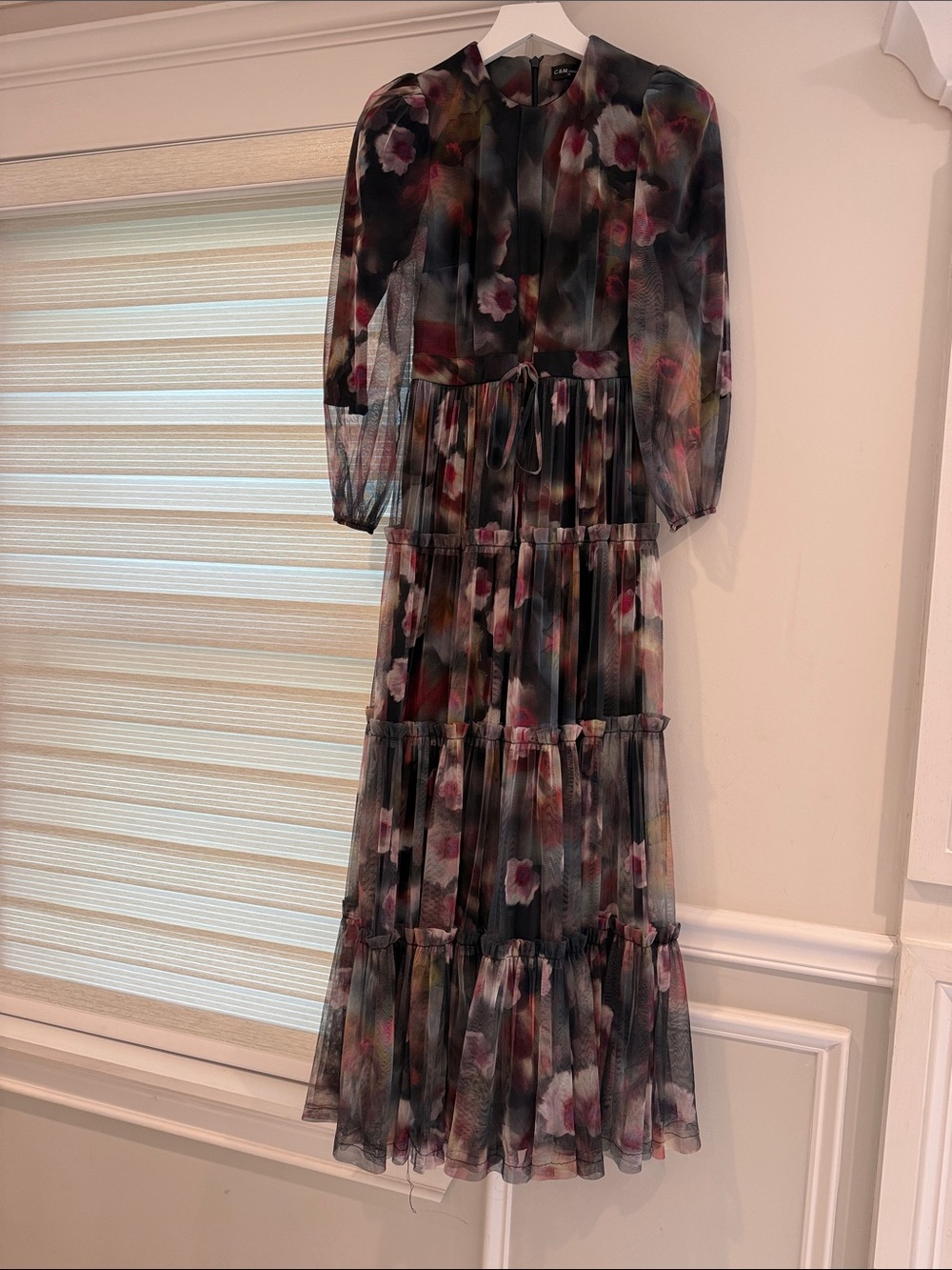 Floral Tiered Long Sleeve Gown - Black Multi